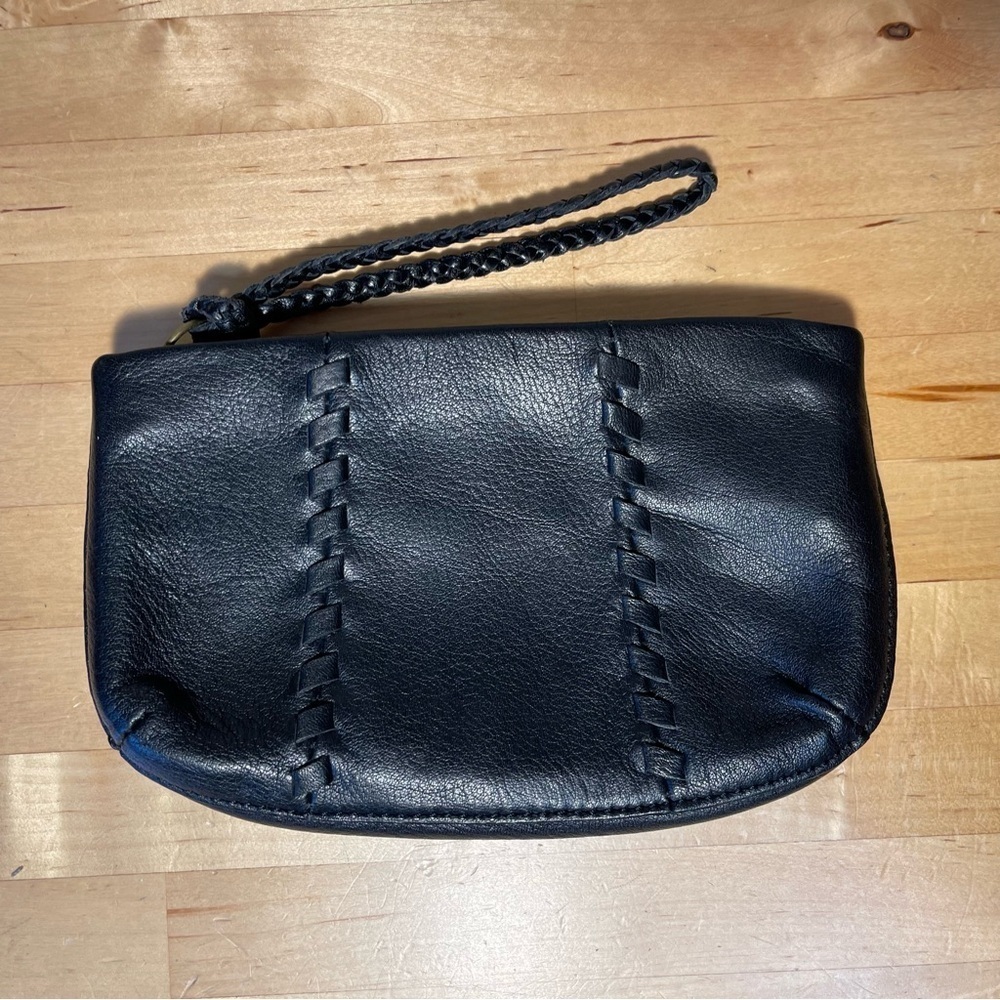 Banana Republic Black Leather Wristlet Pouch Braided Detail Clutch Bag